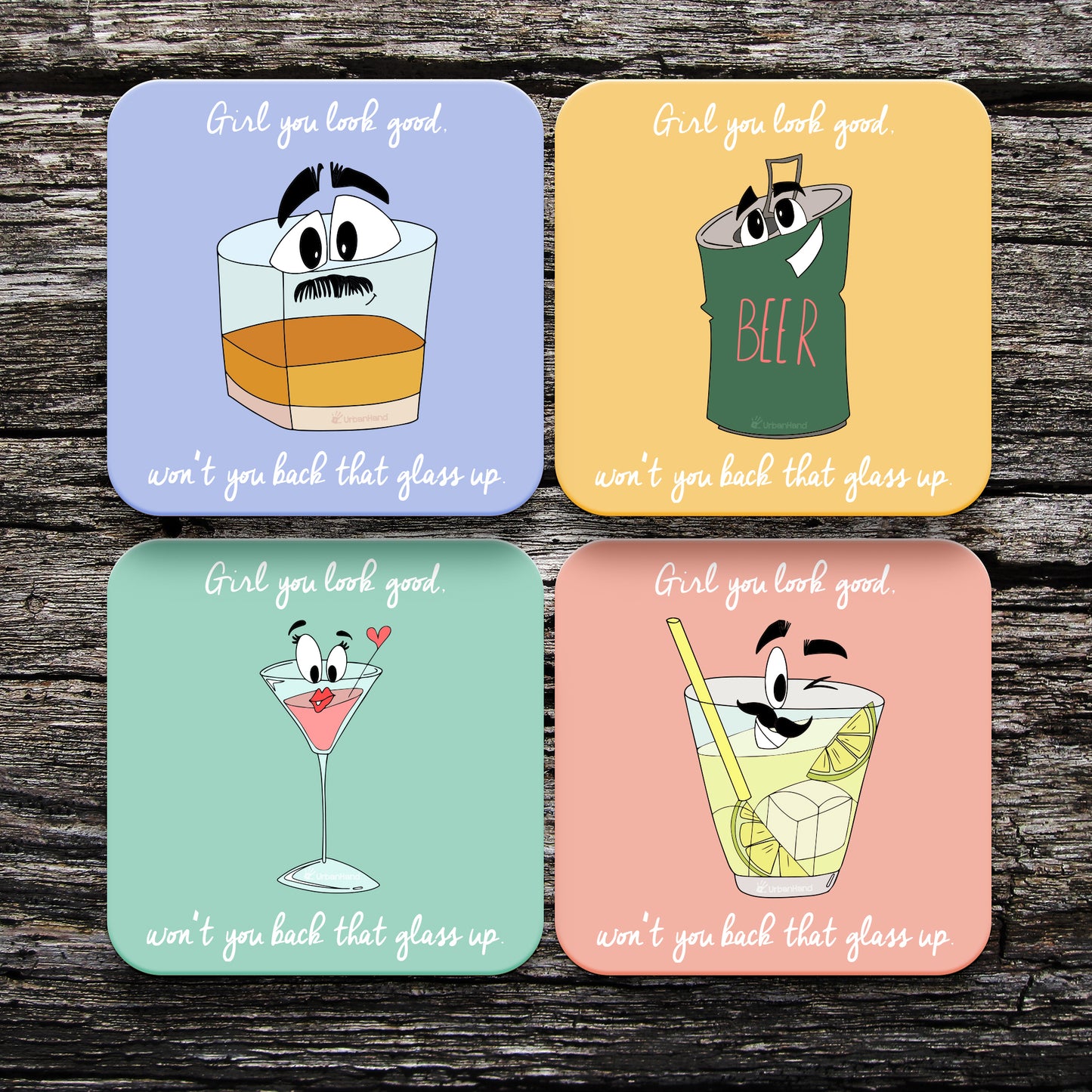 Urbanhand urban hand Back that glass up Coaster Set of 4 Stylish Fancy characters Colourful drinks ice glasses