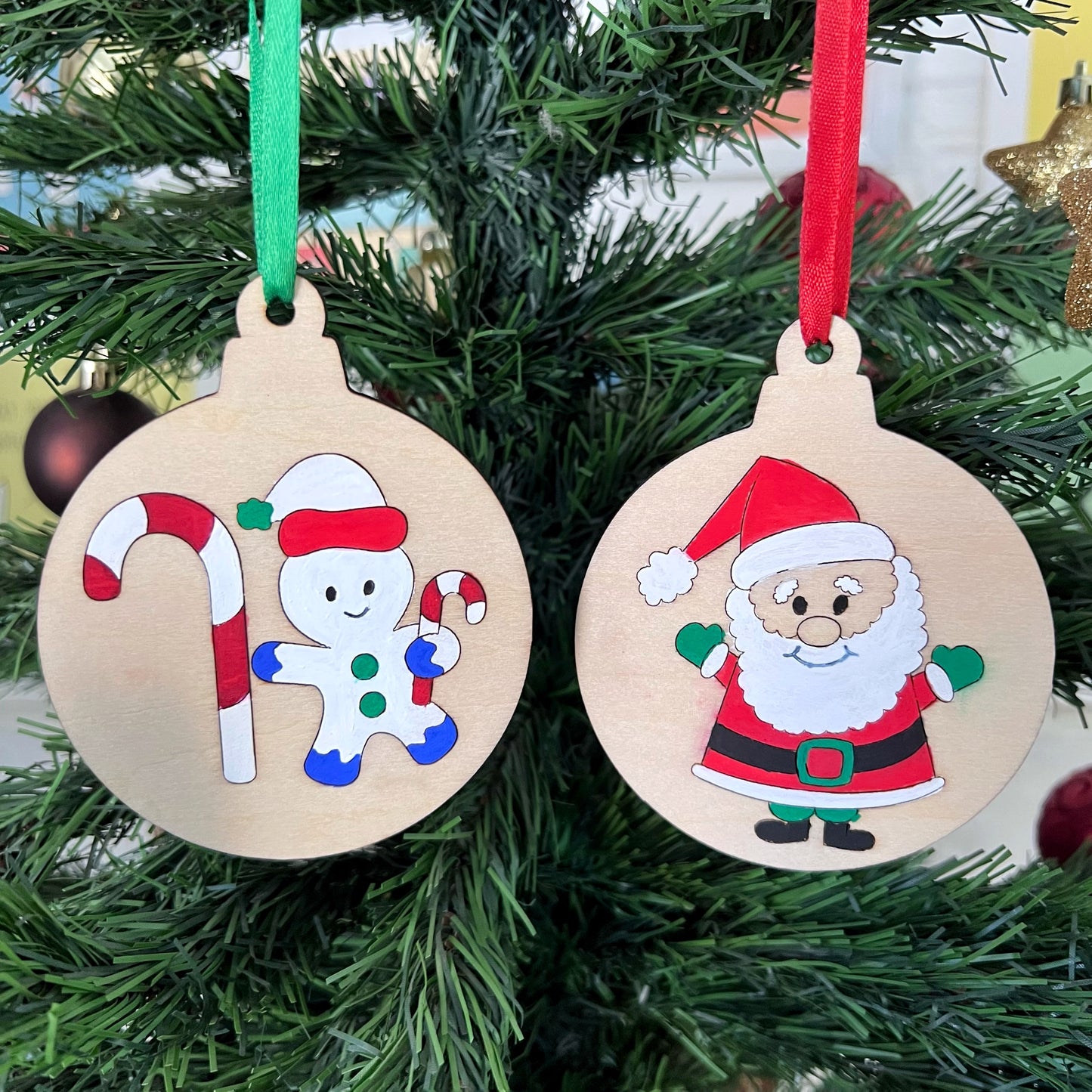 Personalised Santa & Gingerbread Man Colour Your Own Ornaments - Set of 2