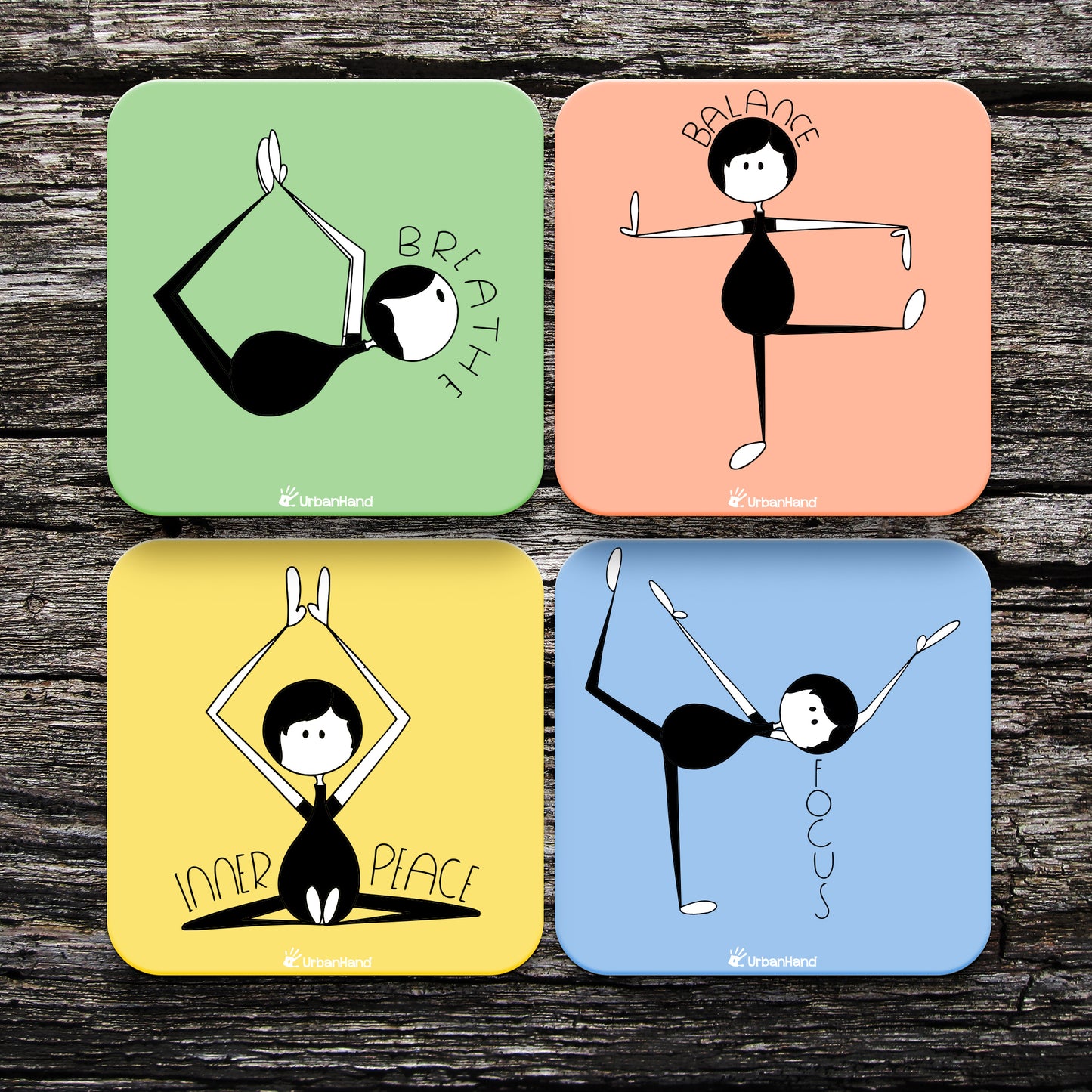 Urbanhand urban hand Yogasters Coaster Set of 4 Stylish Fancy characters Colourful yoga poses asana