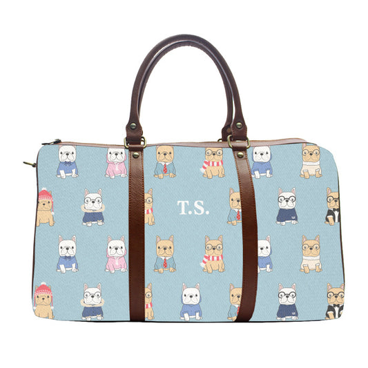 Urbanhand Duffle bag Monogram Personalised Alaska French Bull Dog Pattern Brown strap Canvas Vegan Leather urban hand duffel