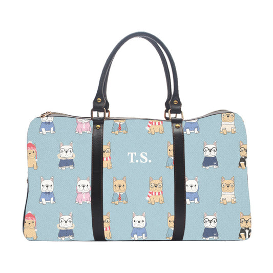 Urbanhand Duffle bag Monogram Personalised Alaska French Bull Dog Pattern Black strap Canvas Vegan Leather urban hand duffel