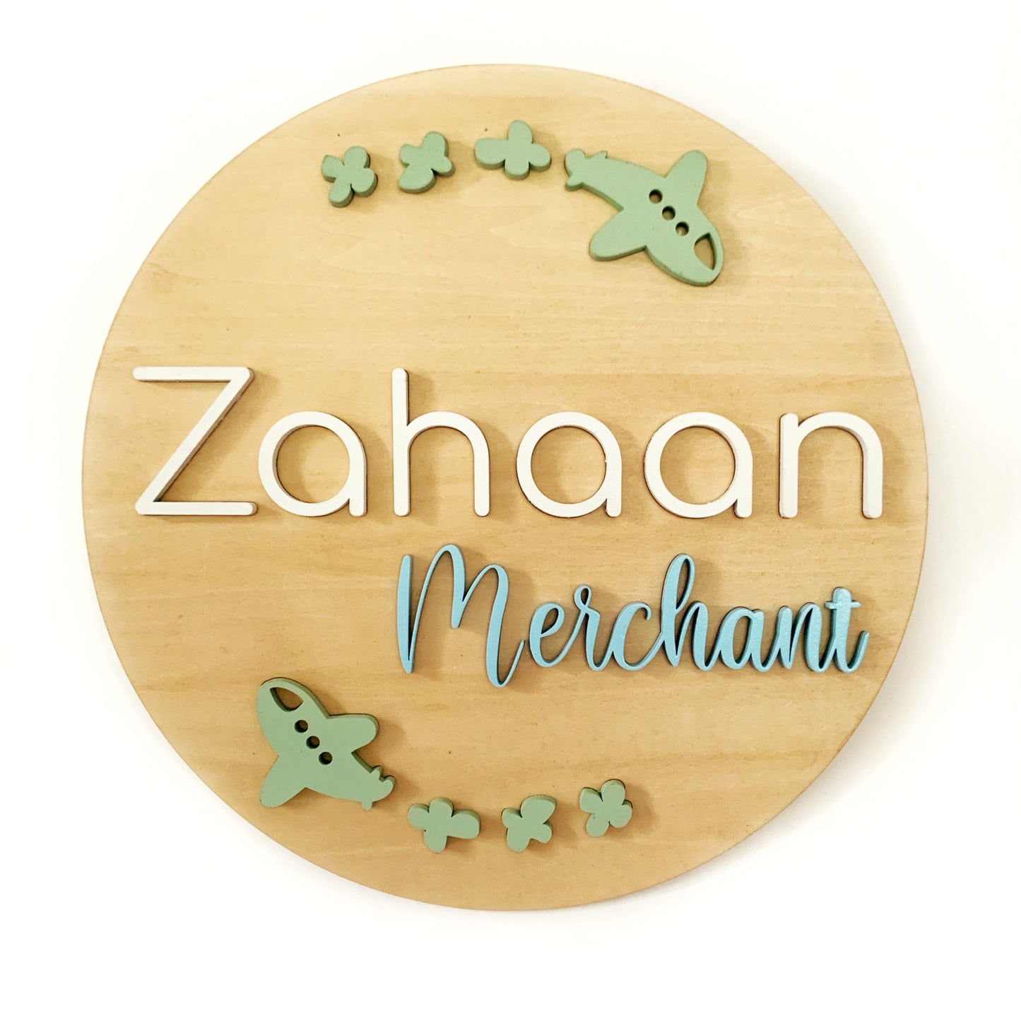 Urbanhand urban hand Personalised Wooden Round Nameplate Areoplane pattern quirky stylish modern sky clouds