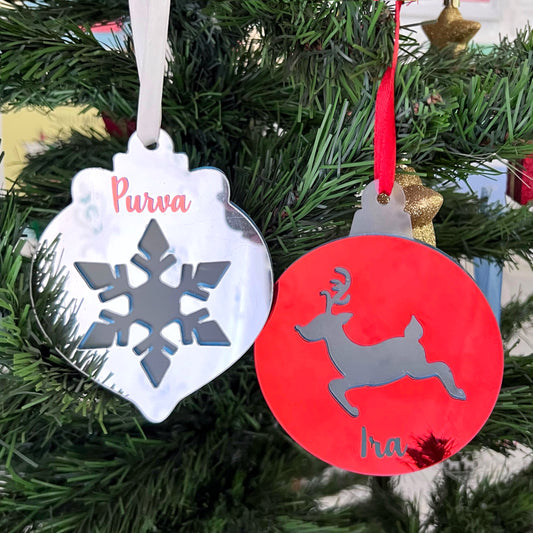 Personalised Snowflake & Reindeer Christmas Ornaments - Reversible Set of 2