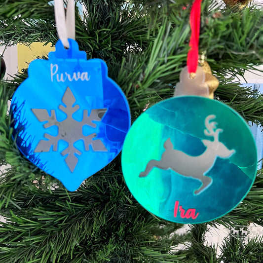 Personalised Snowflake & Reindeer Christmas Ornaments - Reversible Set of 2