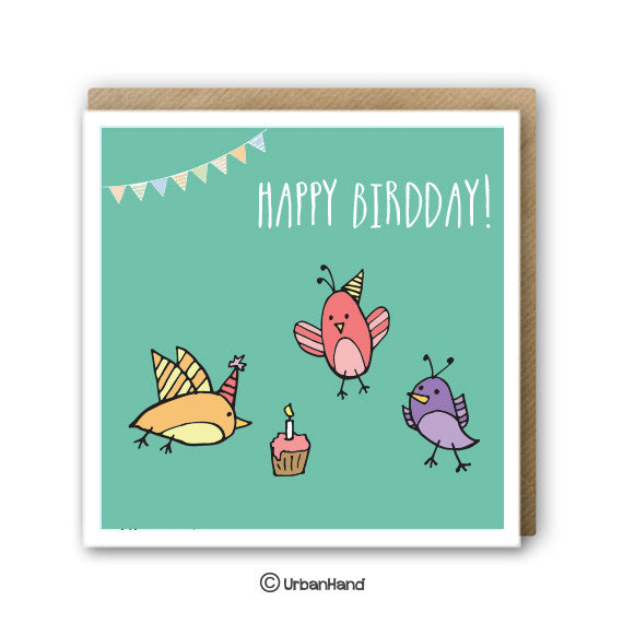 Urbanhand urban hand greeting card happy birthday best wishes cake candle party birds 