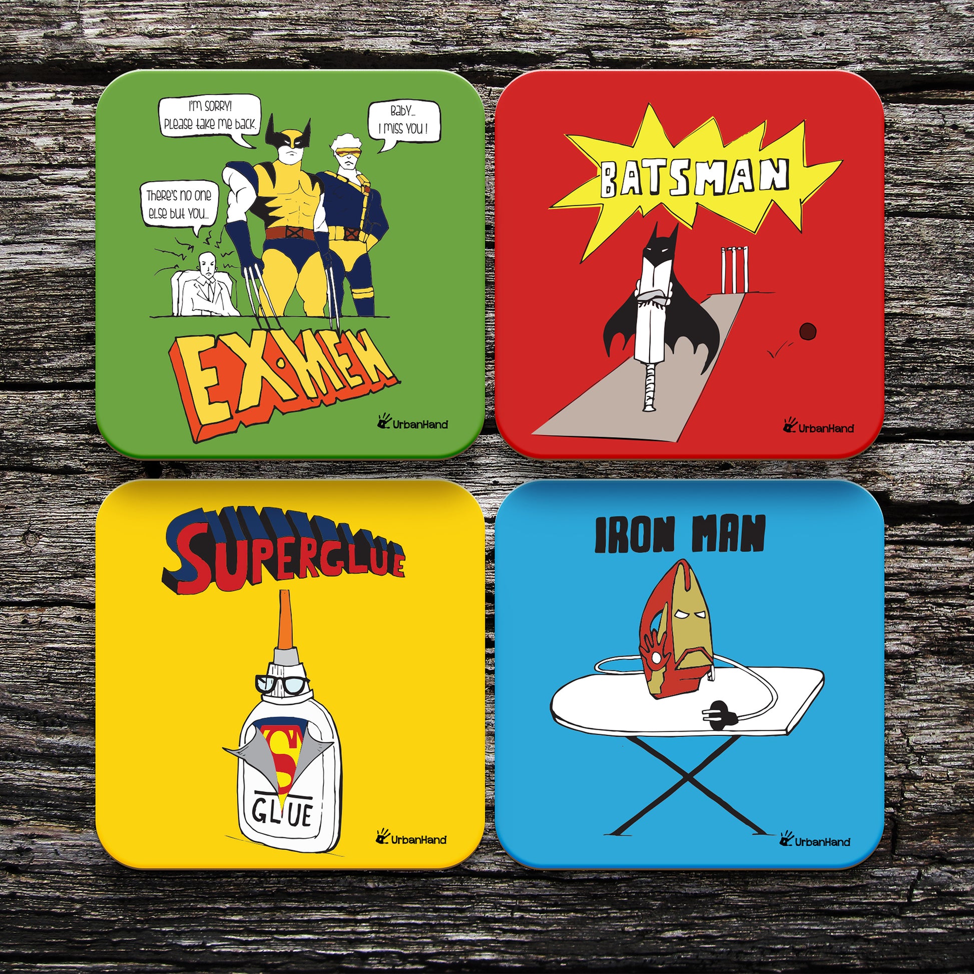 Urbanhand urban hand Superhero Coaster Set of 4 Stylish Fancy characters Colourful funny hero