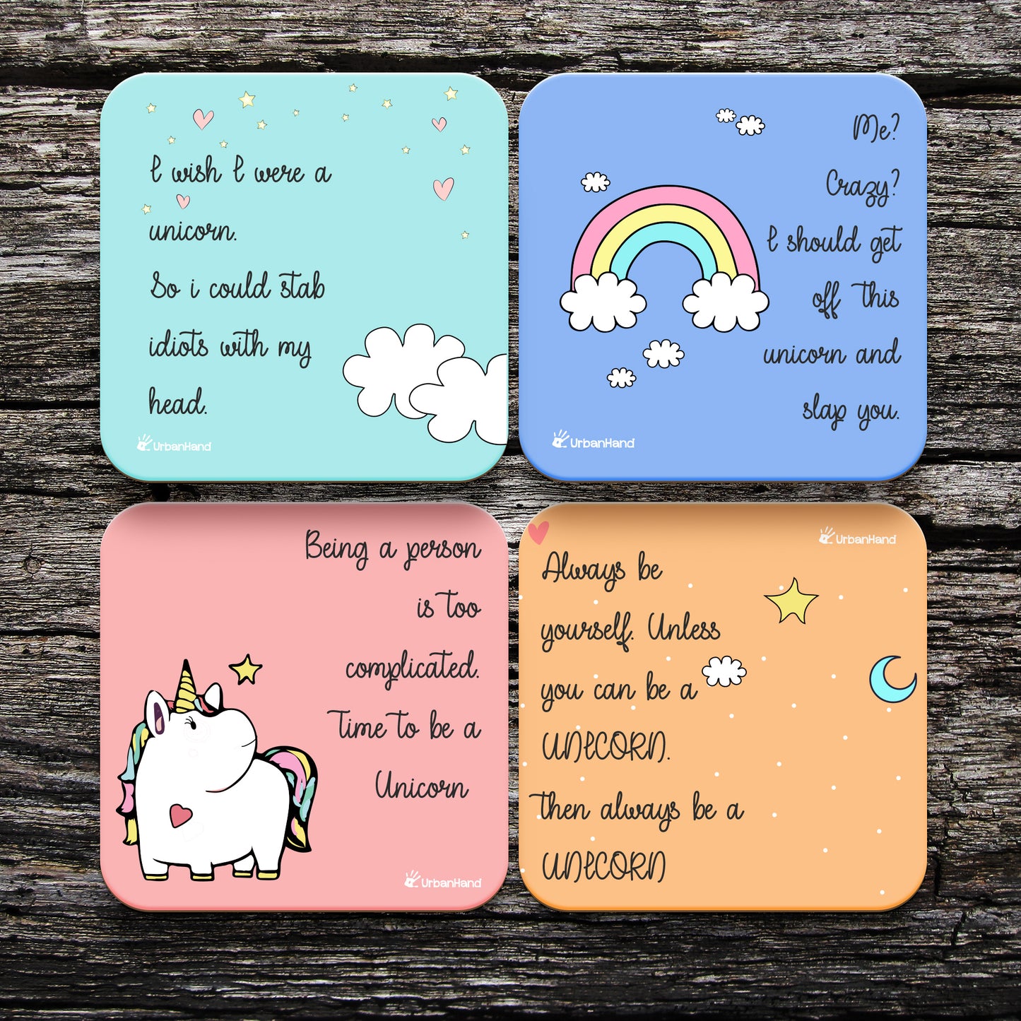 Urbanhand urban hand Unicorn Coaster Set of 4 Stylish Fancy characters Colourful wonderland stars moon  cloud rainbow 