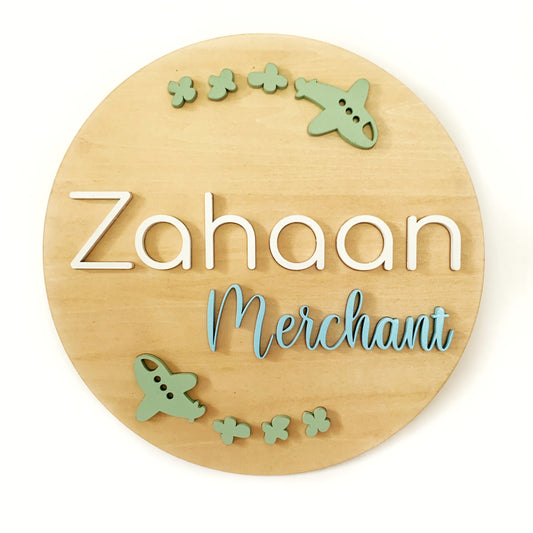 Urbanhand urban hand Personalised Wooden Round Nameplate  Areoplane pattern quirky stylish modern sky clouds 